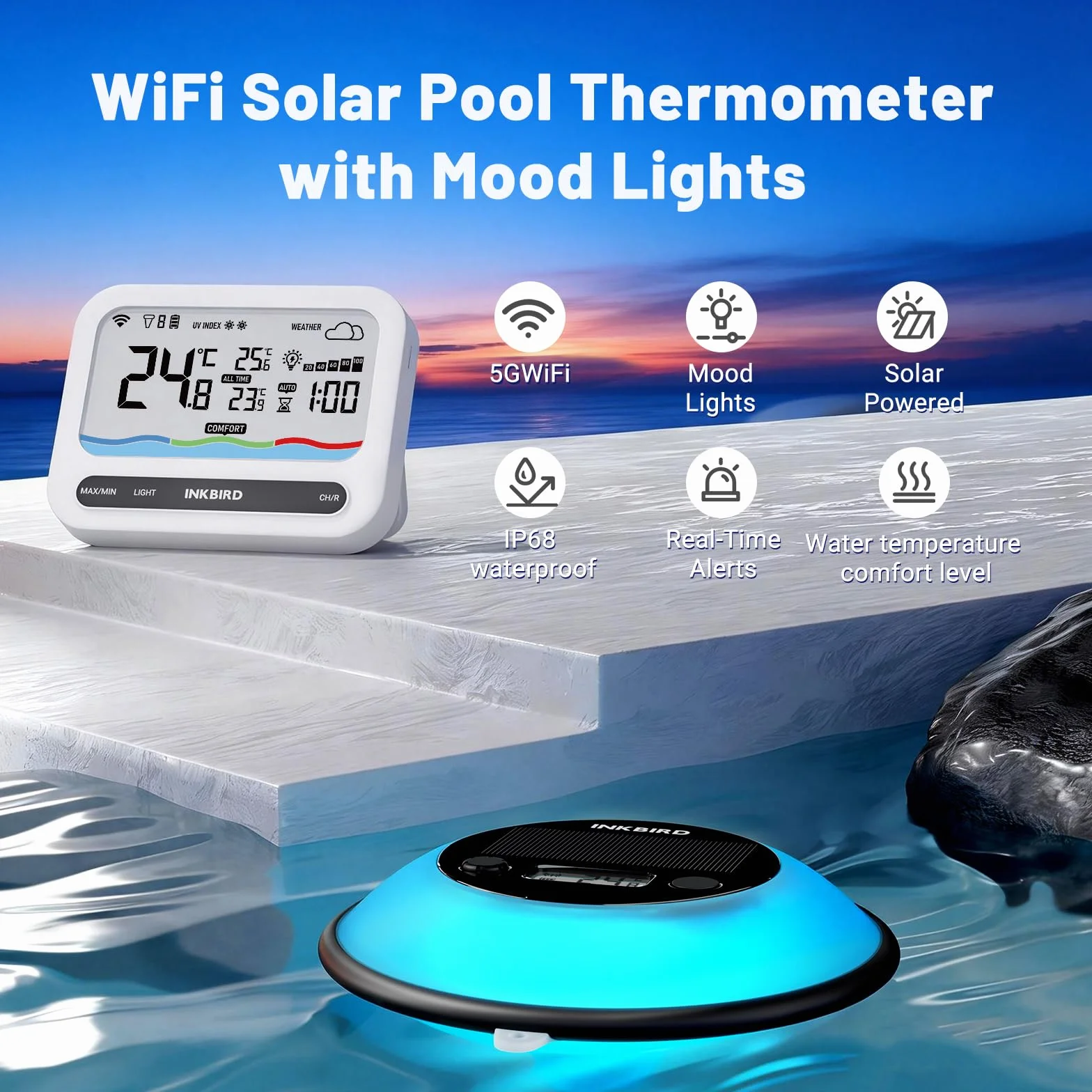 Inkbird IBS-P05R-W solarny termometr basenowy z bramką Wi-Fi, wodoszczelność IP68, zdalne połączenie 300 m