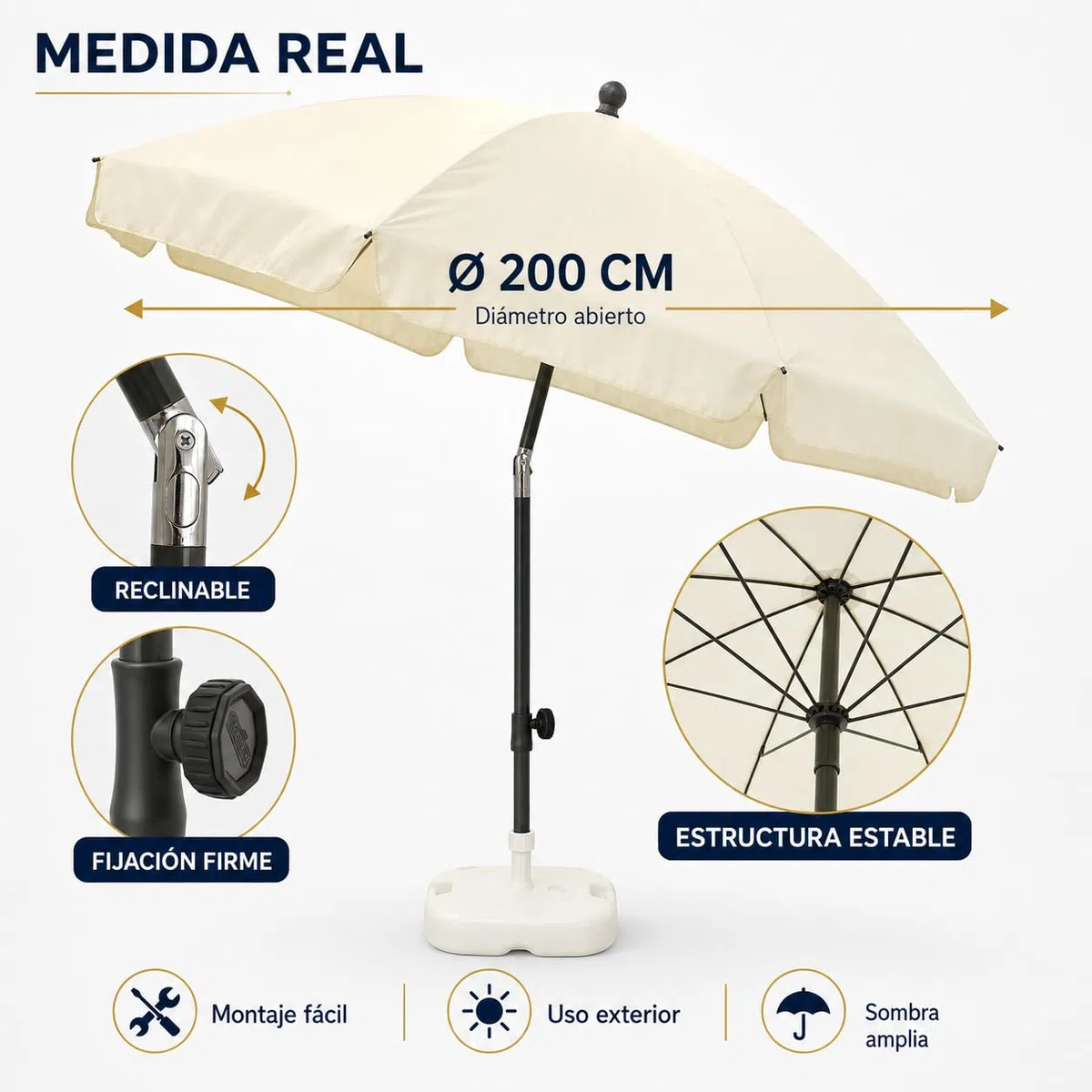 Parasol ogrodowy/plażowy Ø 2 m, Parasol ogrodowy z UPF 50+, Chylny, przenośny i odporny na wiatr, torba transportowa, żelazna rura 22/25mm, Beżowy, 200 cm