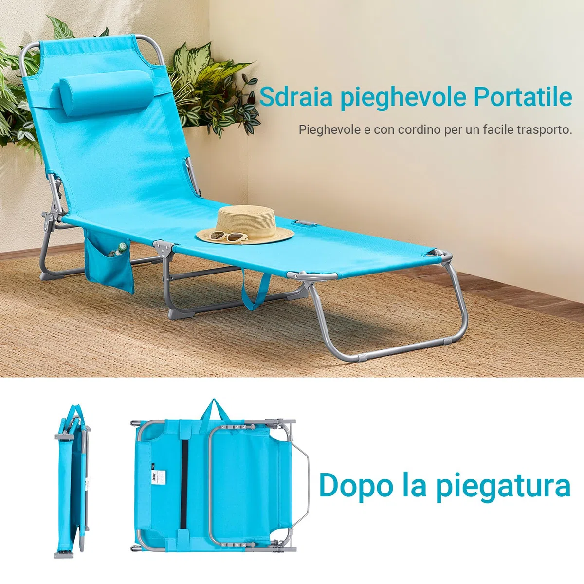 SoBuy OGS35-B Leżak Plażowy Leżak Plażowy Ogrodowy Składane z Poduszką i Boczną Torbą niebieski