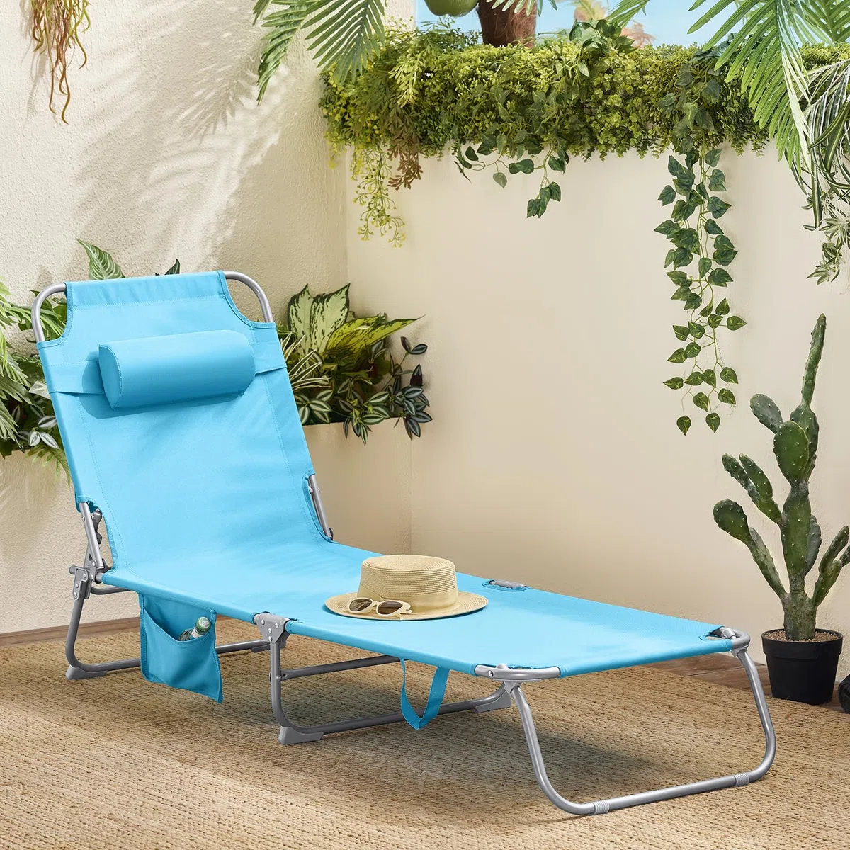 SoBuy OGS35-B Leżak Plażowy Leżak Plażowy Ogrodowy Składane z Poduszką i Boczną Torbą niebieski