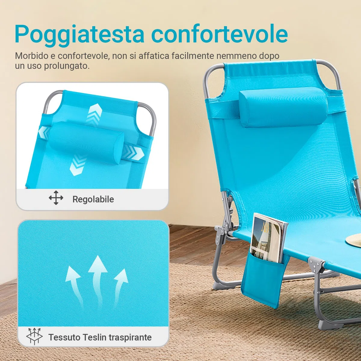 SoBuy OGS35-B Leżak Plażowy Leżak Plażowy Ogrodowy Składane z Poduszką i Boczną Torbą niebieski
